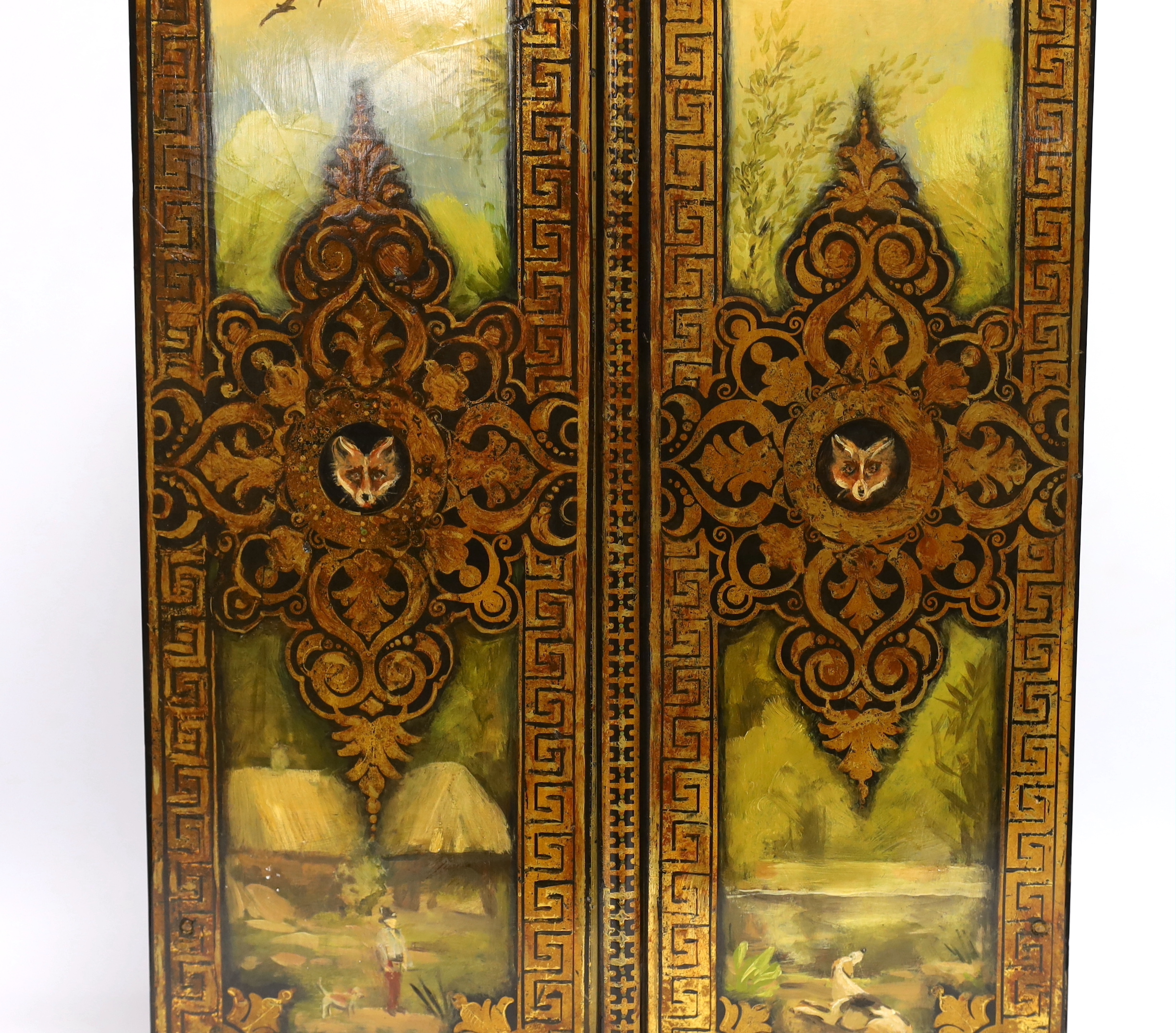 A Victorian painted papier maché decanter box, 51cm high x 36cm wide